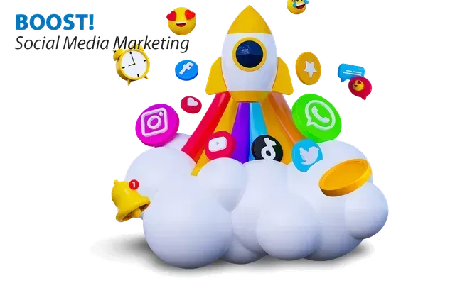 Une fusée est assise au sommet d'un nuage entouré d'icônes de médias sociaux.