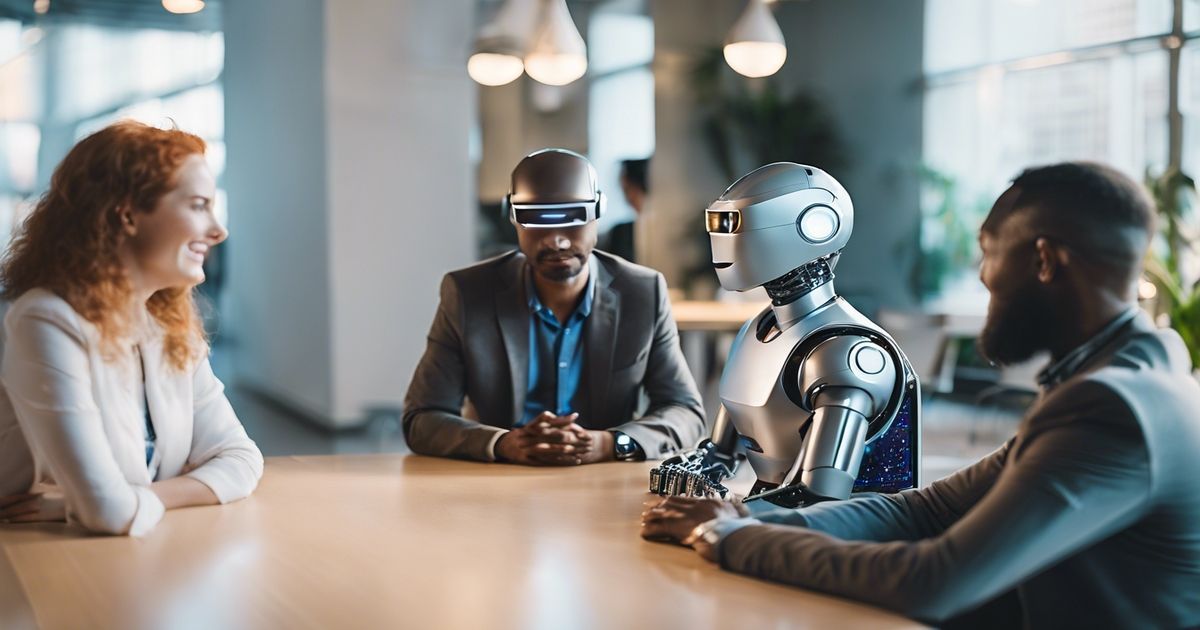 Un groupe de personnes sont assises à une table avec un robot.