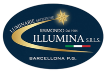 Logo ovale blu per IlluminA SRLS con stella e swoosh dorati, scritta “Barcellona PG”.