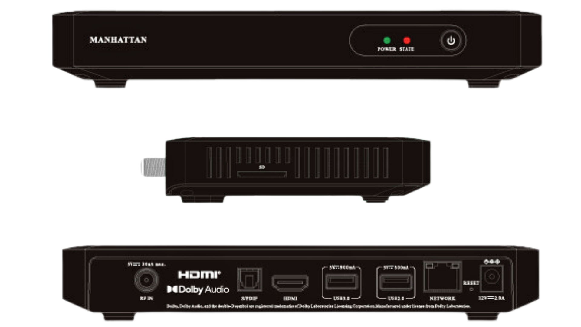 A black box with a lot of ports on it on a white background.