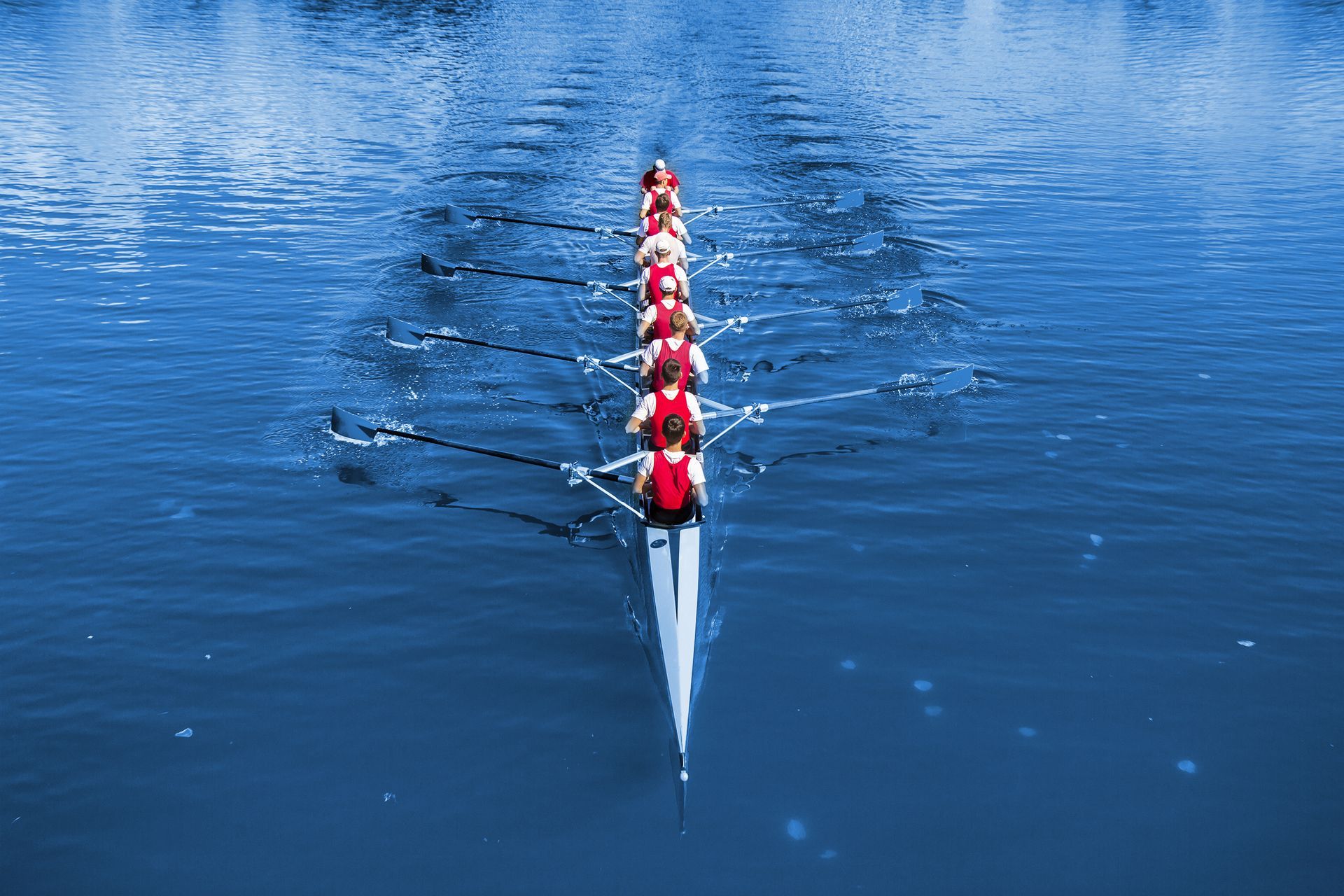 Rowers moving in sync, illustrating advisor and RIA partnership during a firm evaluation.