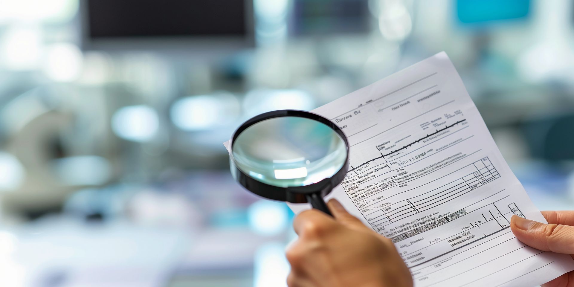 Magnifying glass over a document with hands holding pages in an office setting