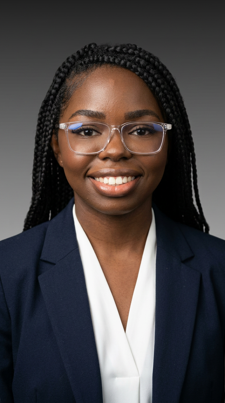 Studio headshot of Adrianne Philpott, smiling in glasses, wearing a navy blazer and white blouse on a dark background