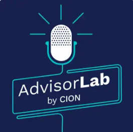 A logo for advisorlab by cion with a microphone