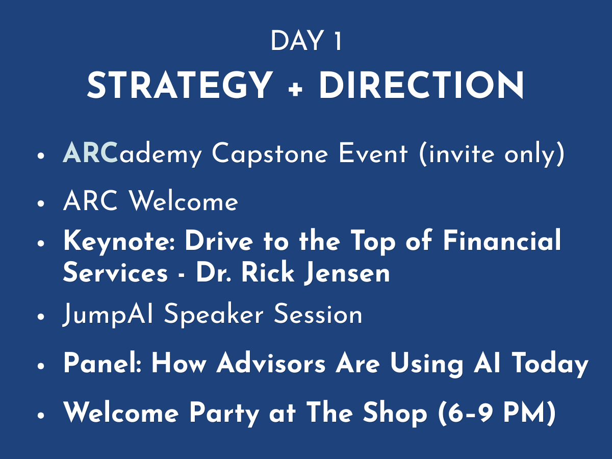Blue schedule slide for Day 1, “Strategy + Direction,” listing keynotes, speakers, panel, and welcome party.