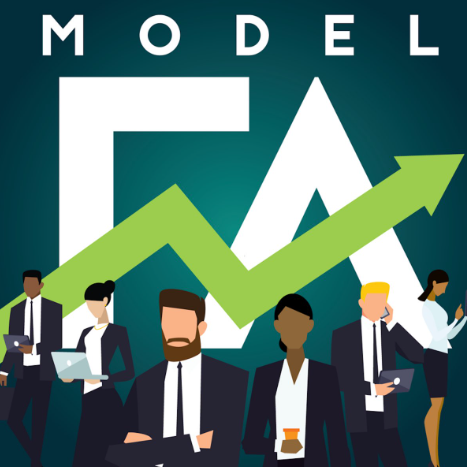 A group of business people standing in front of a model fa graph