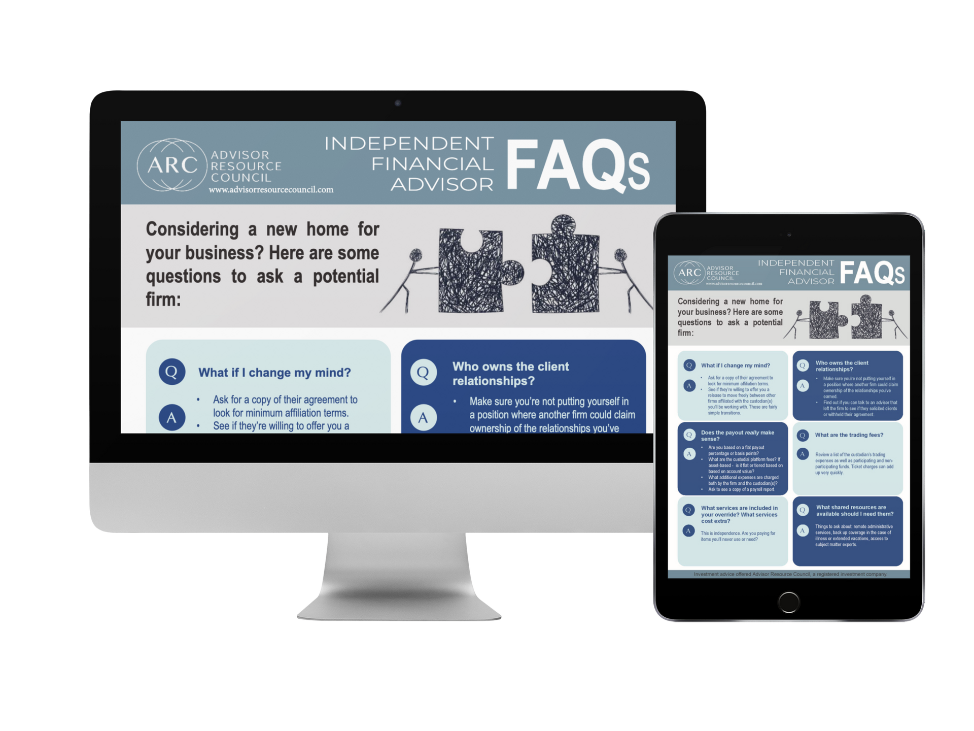 A computer monitor and a tablet with a faq on them.