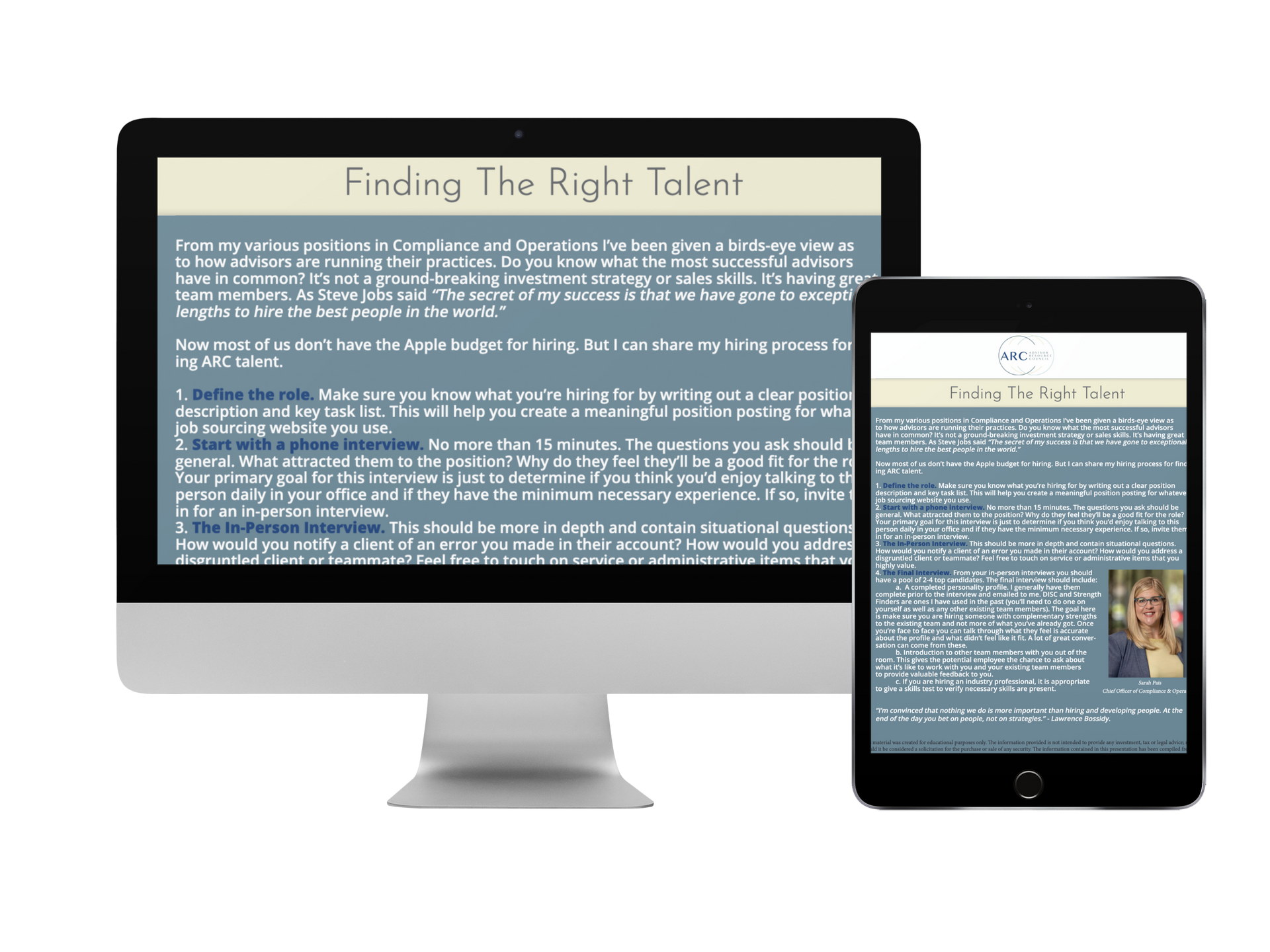 A computer monitor and a tablet are displaying a page about finding the right talent.