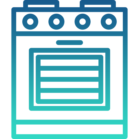 Blue and teal gradient oven with stovetop burners.