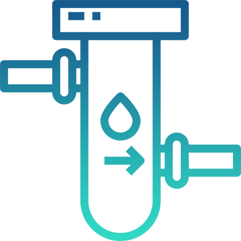 Water filter icon with blue-green gradient, water droplet and arrow.