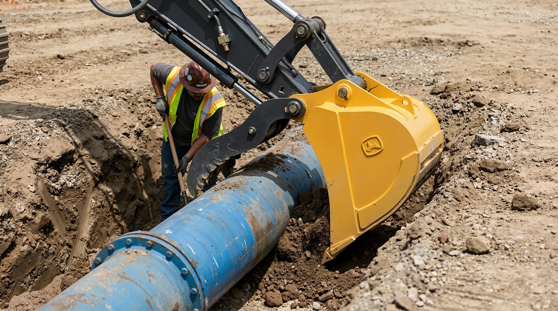 Excavator repairing a water pipe in a construction site for engineering projects, infrastructure maintenance.