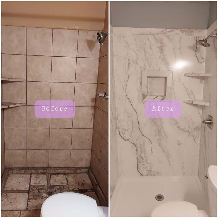 Bathroom shower renovation comparison: before, with old tile; after, with marble-look panels and updated fixtures.
