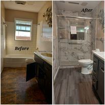 Bathroom before and after remodel. Brown floor and tub, white walls, new marble, glass shower.