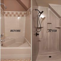 Before and after of a bathroom shower remodel. Pink and cream-colored bathtub before; new shower with gray tile after.