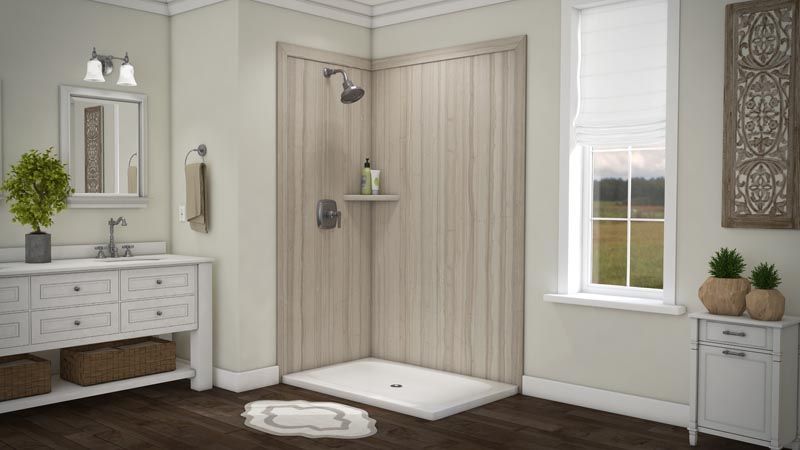 Bathroom with shower, vanity, and window. Light wood-look shower wall, white vanity, and dark wood floor.