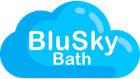 Blue cloud logo with white text: "BluSky Bath".