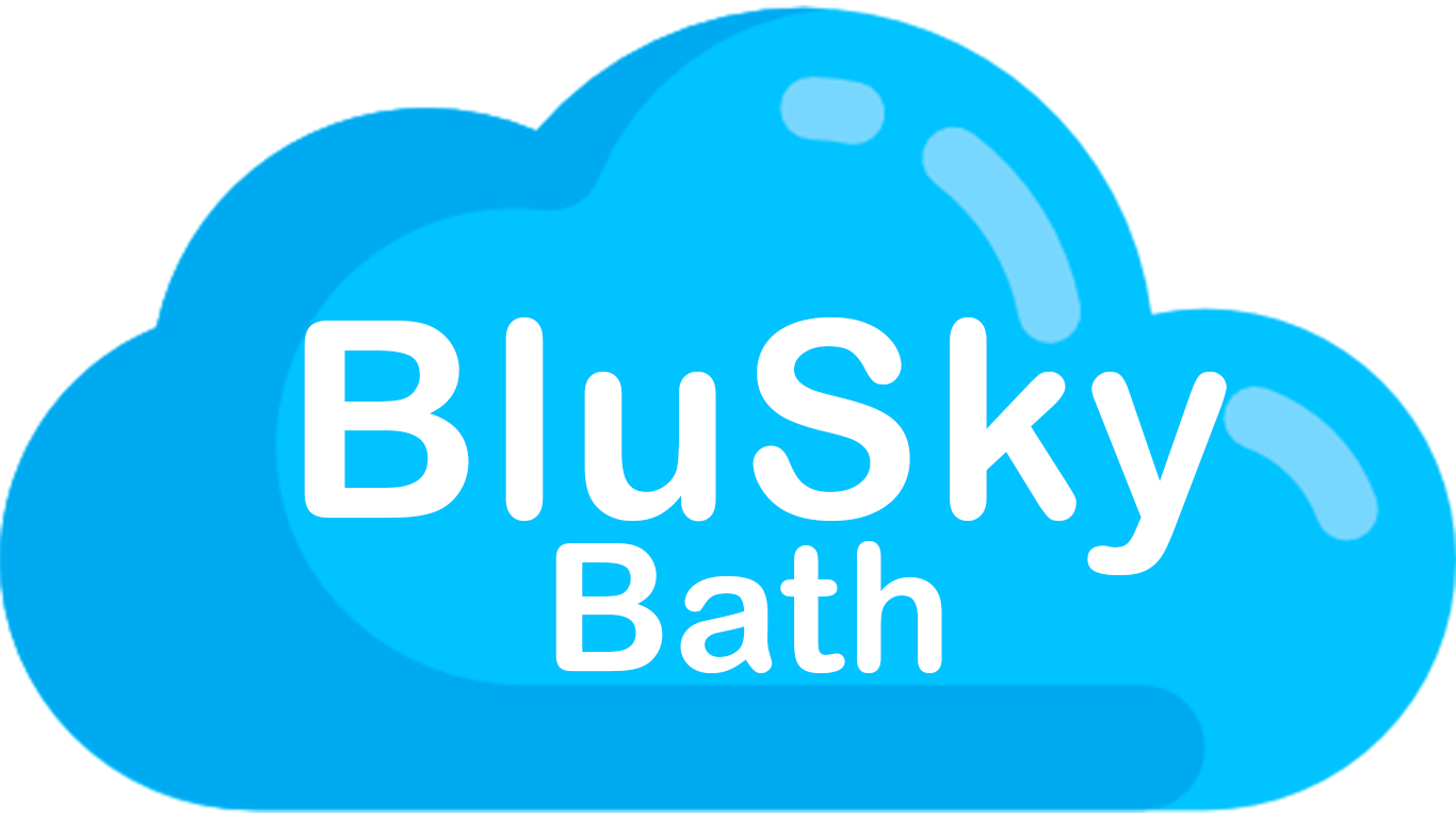 Blue cloud logo with white text: "BluSky Bath".