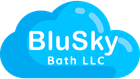Blue cloud logo with white text: "BluSky Bath".
