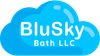 Blue cloud logo with white text: "BluSky Bath".