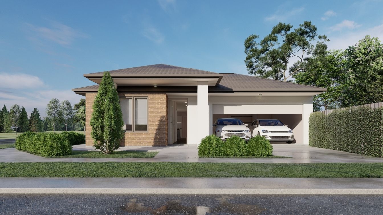 A brick house with a blue roof and a garage.