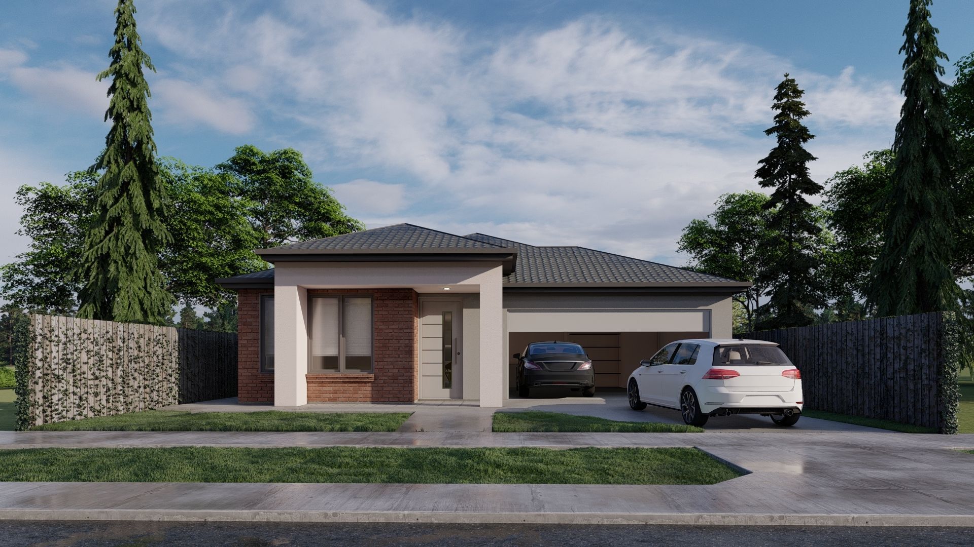 A white car is parked in front of a house.