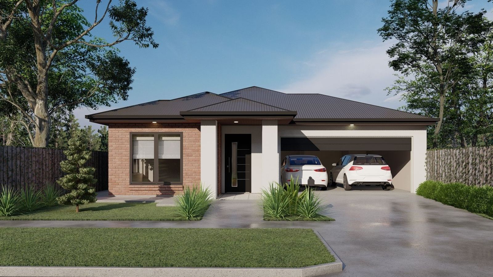 An artist 's impression of a house with two cars parked in front of it.