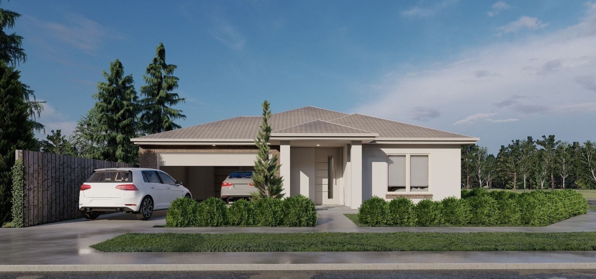 The front of a brick house with a porch and a garage.