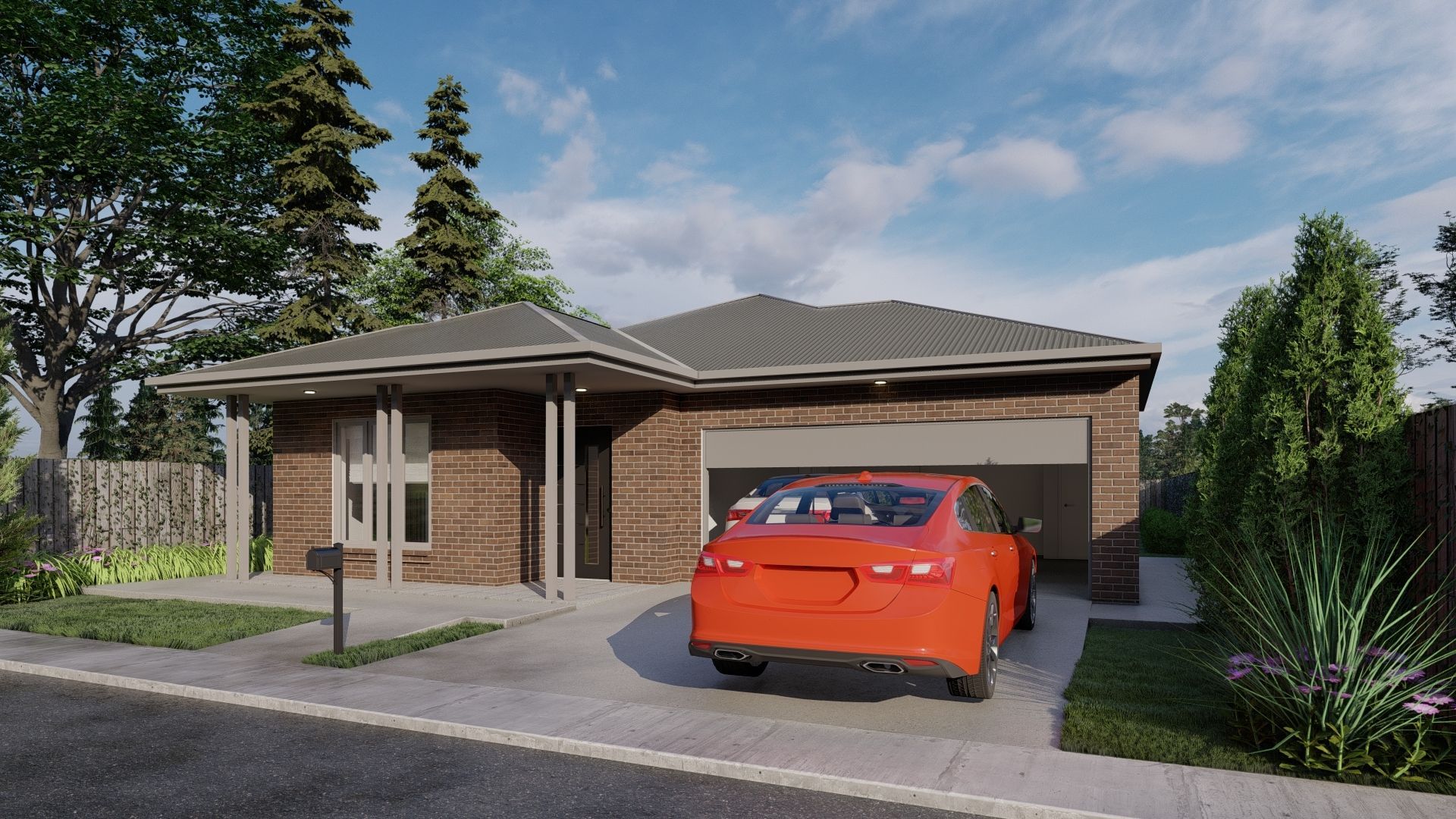 A red car is parked in front of a brick house.