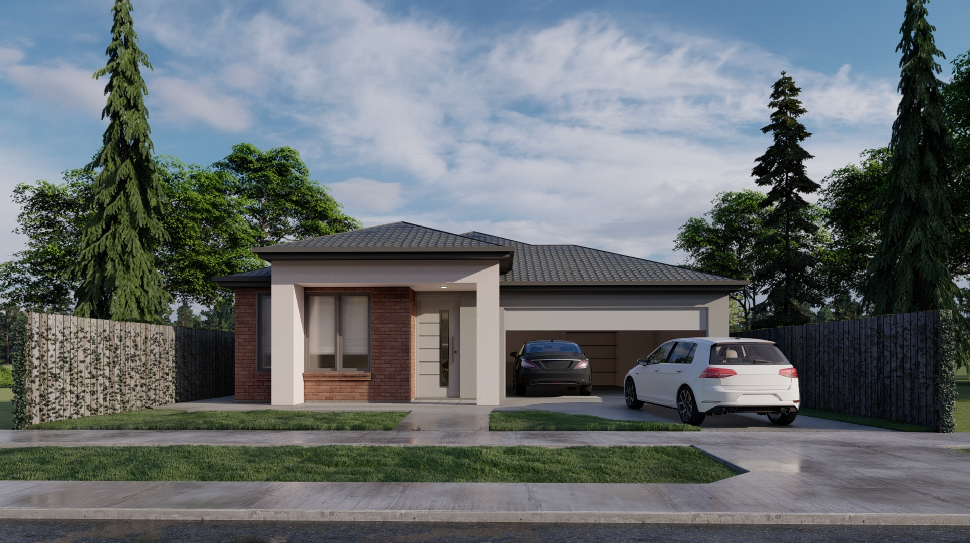 A white car is parked in front of a house.