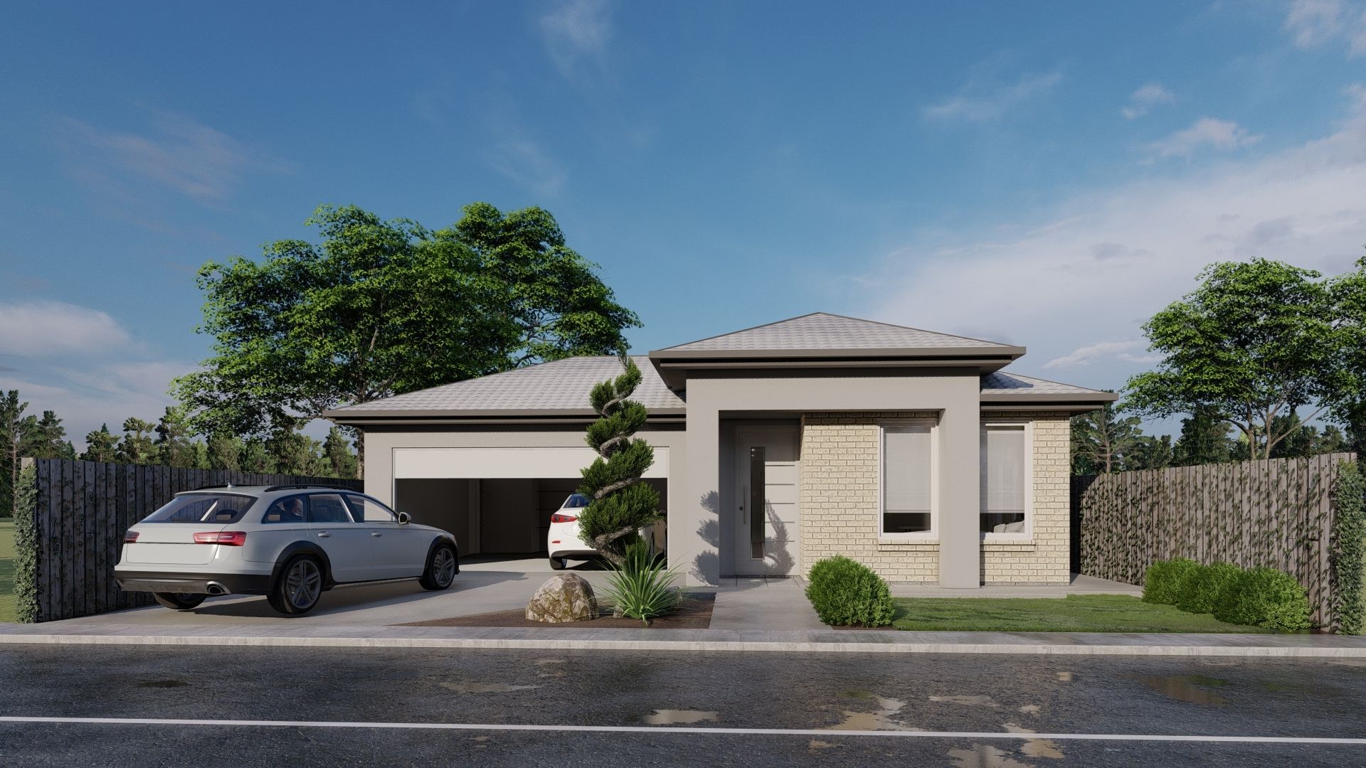 A car is parked in front of a house with a garage.