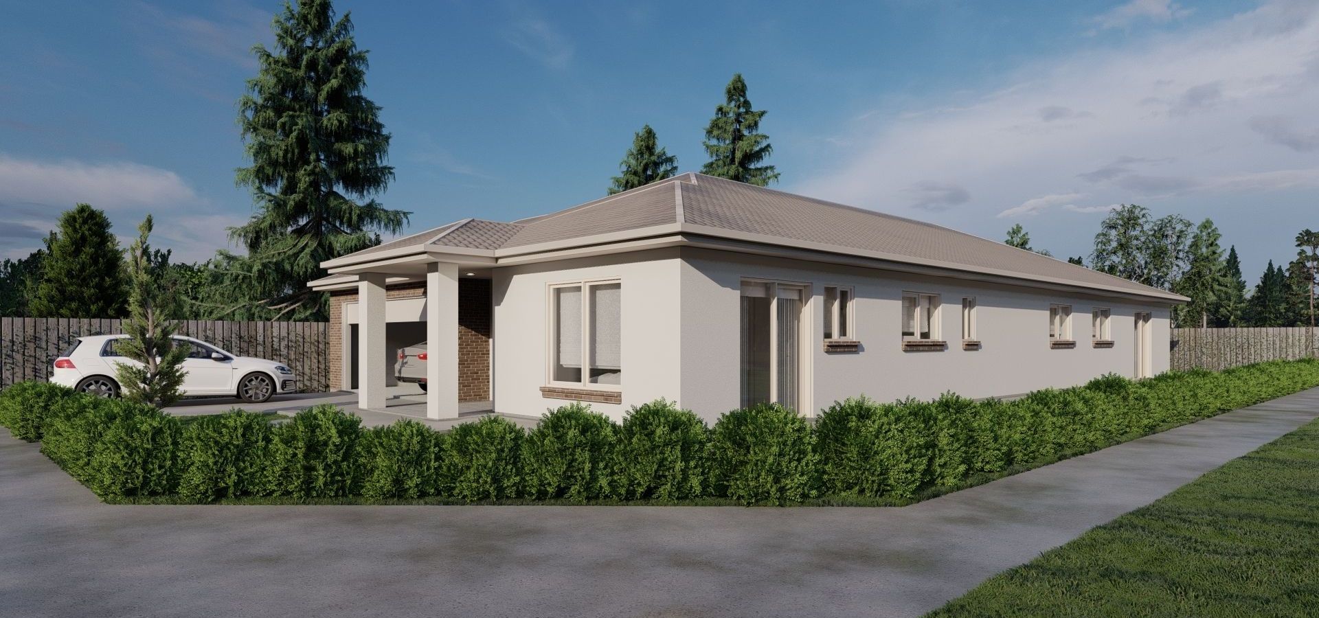 The front of a brick house with a porch and a garage.