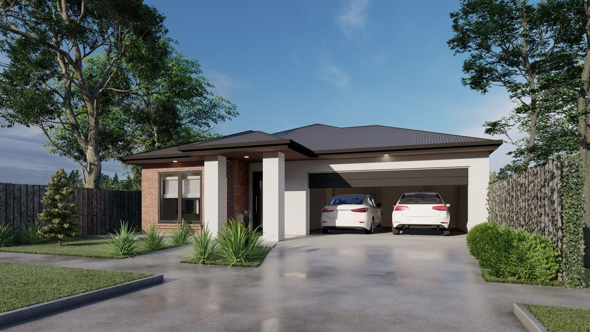 The front of a brick house with a porch and a garage.