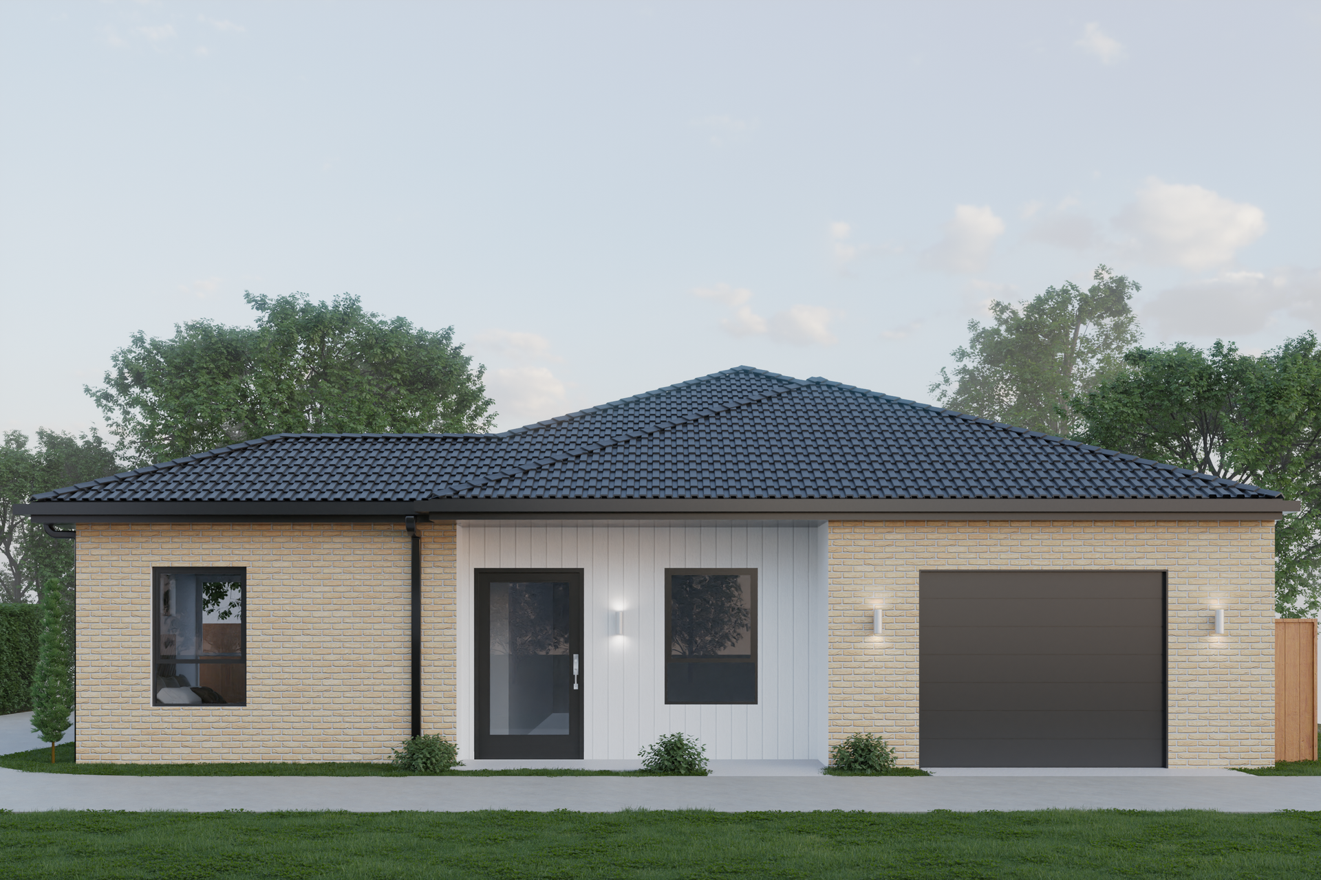 A brick house with a blue roof and a garage.