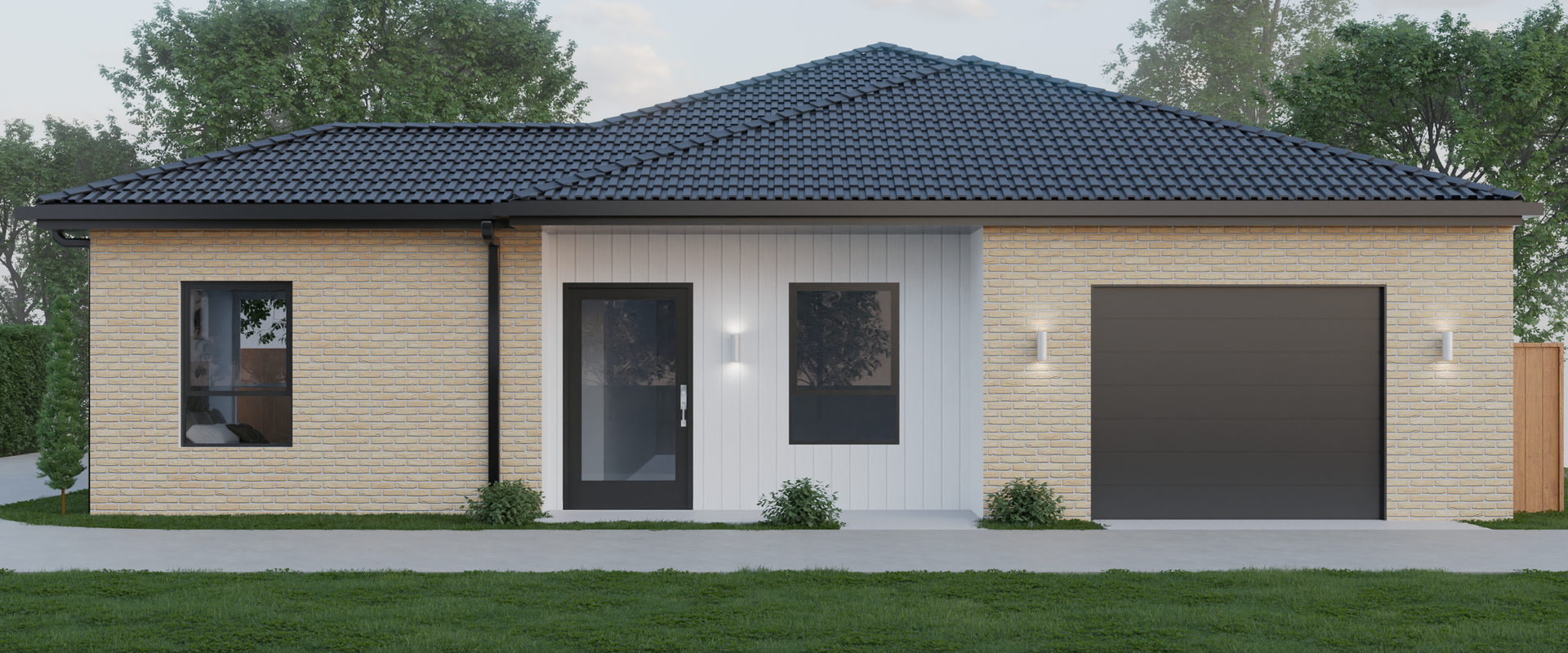 A rendering of a house with a blue roof and a garage.