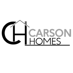 The logo for carson homes is black and white and looks like a house.