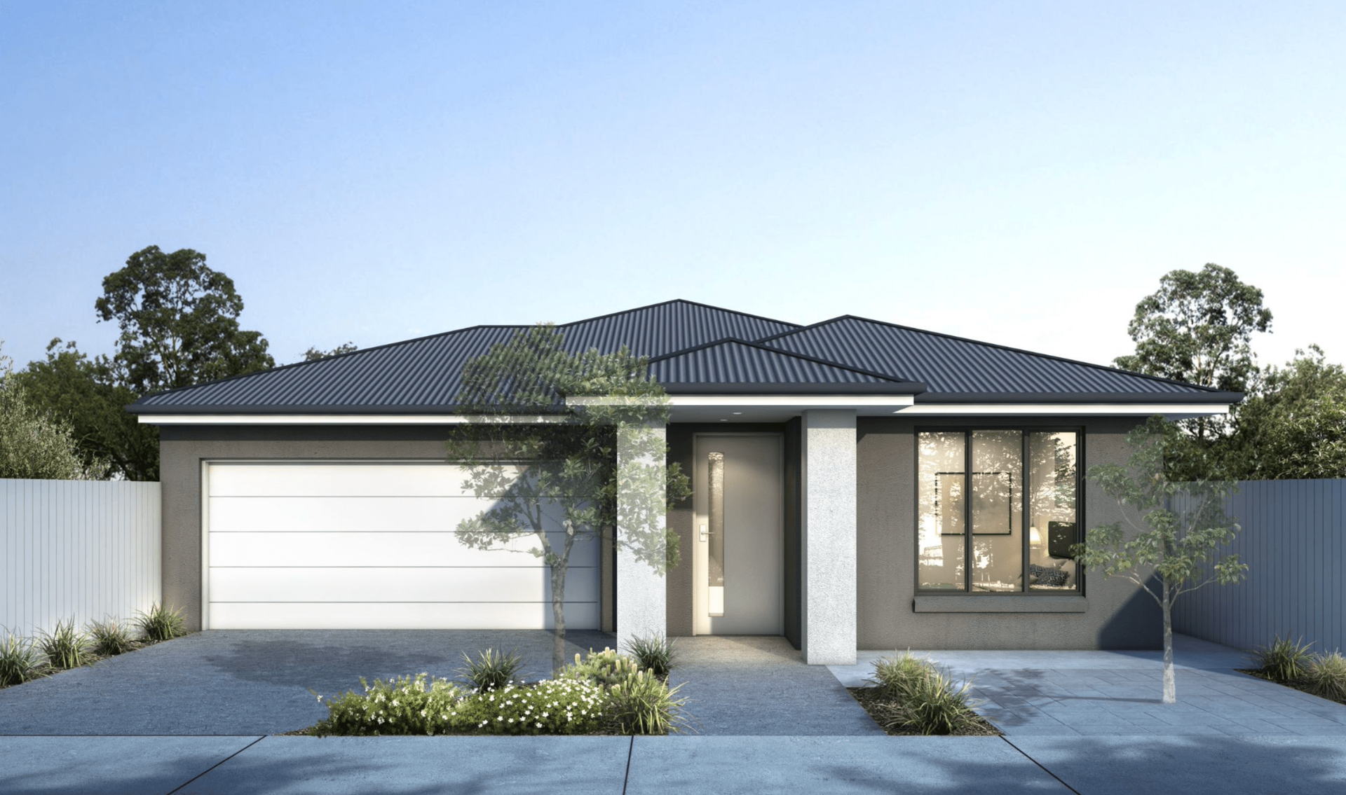 An artist 's impression of a house with a blue roof