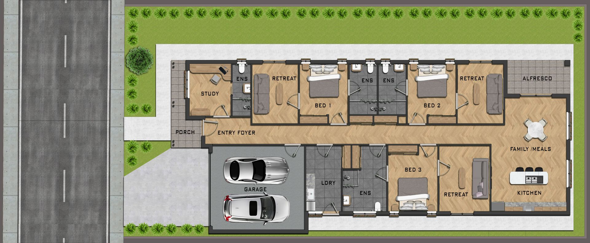 An aerial view of a floor plan of a house