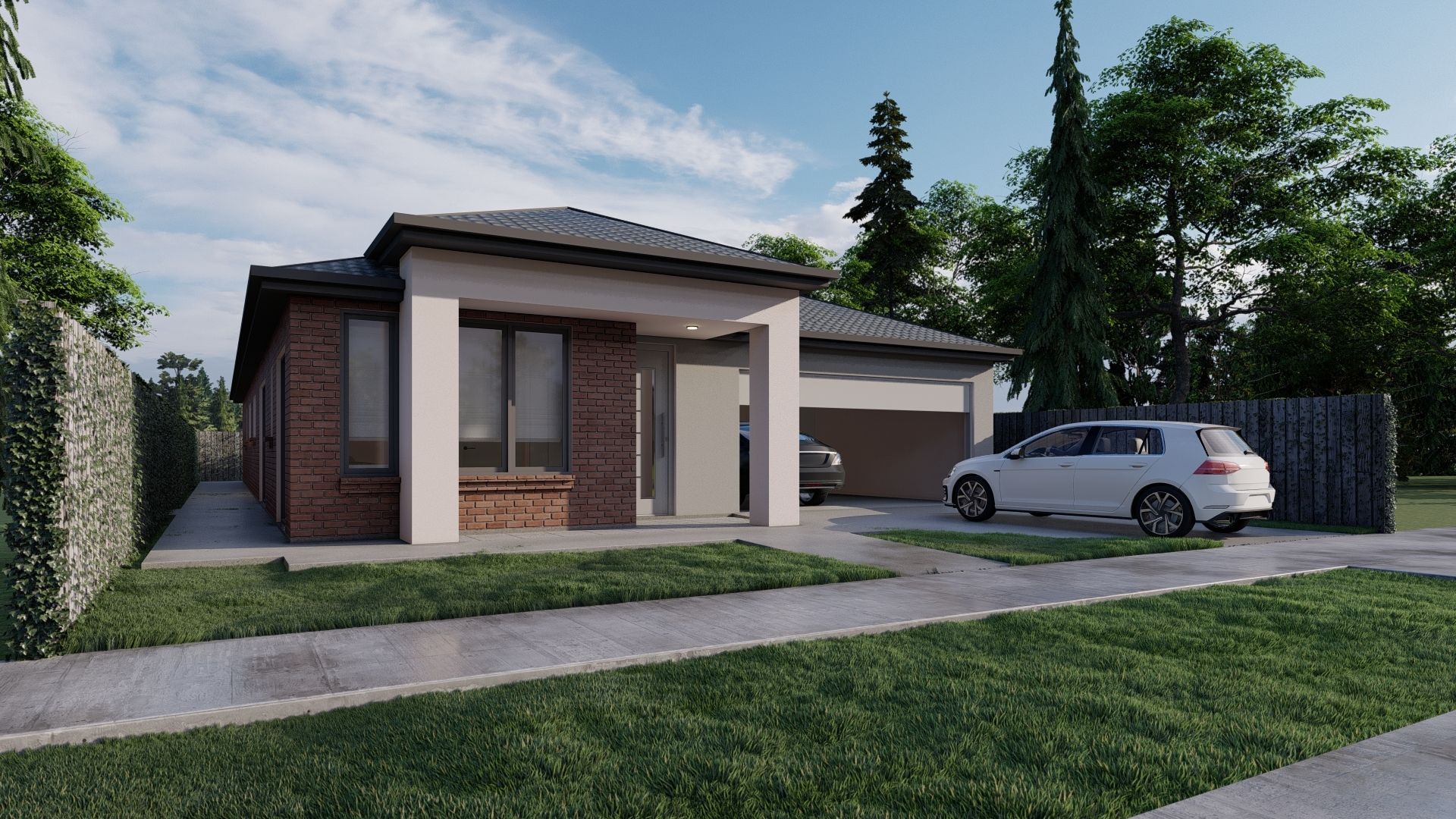 A white car is parked in front of a brick house.