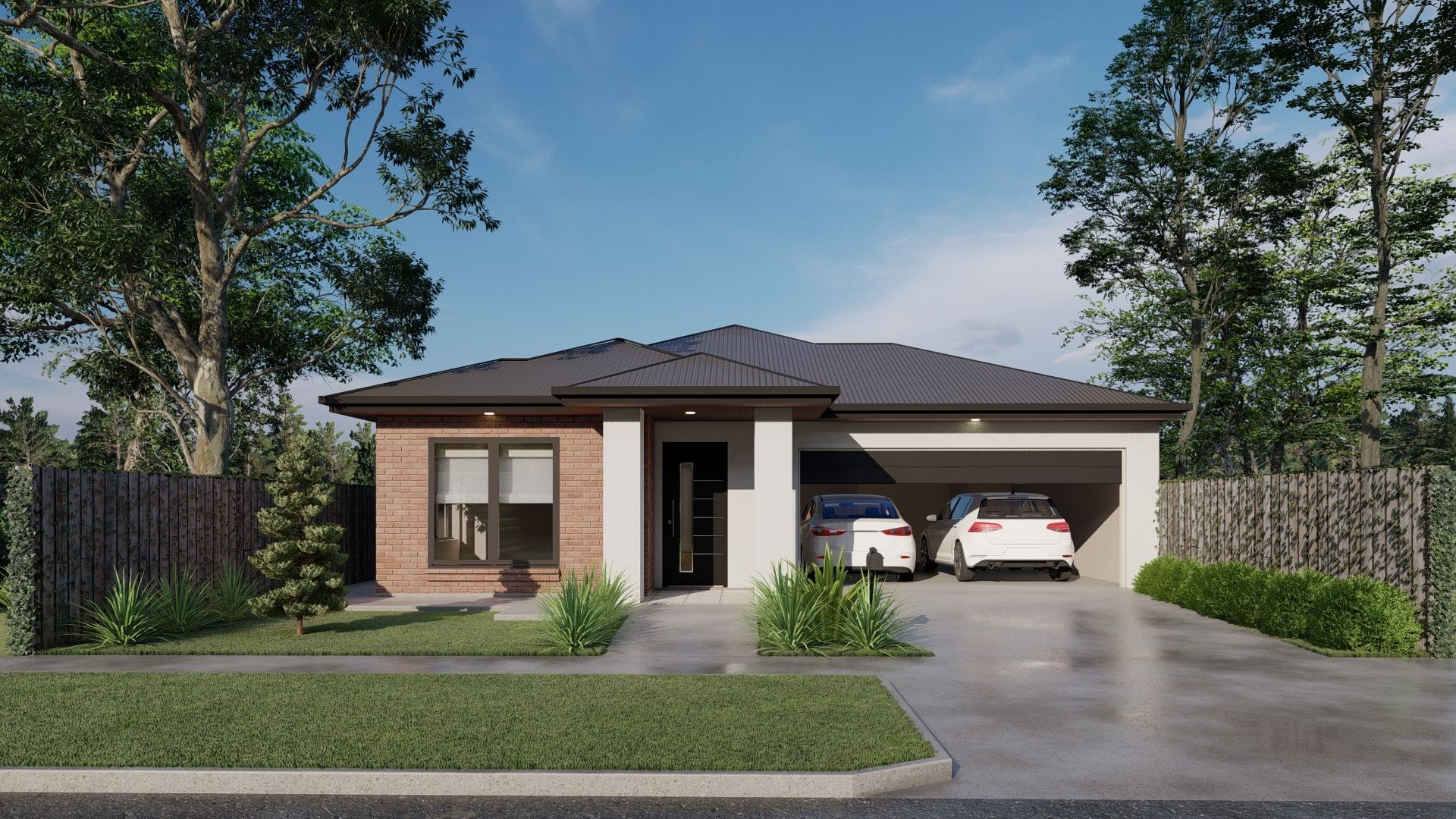 An artist 's impression of a house with two cars parked in front of it.