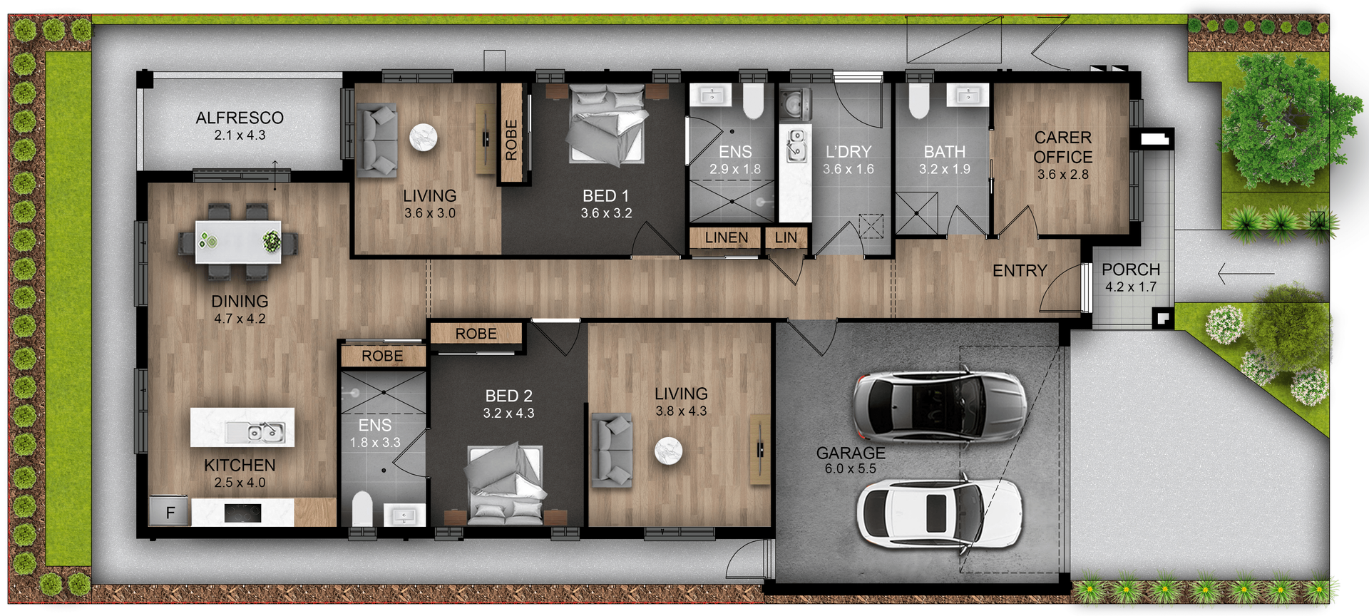 A floor plan of a house with a car parked in the garage.