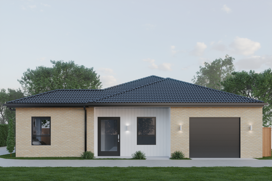 A car is parked in front of a house with a garage.