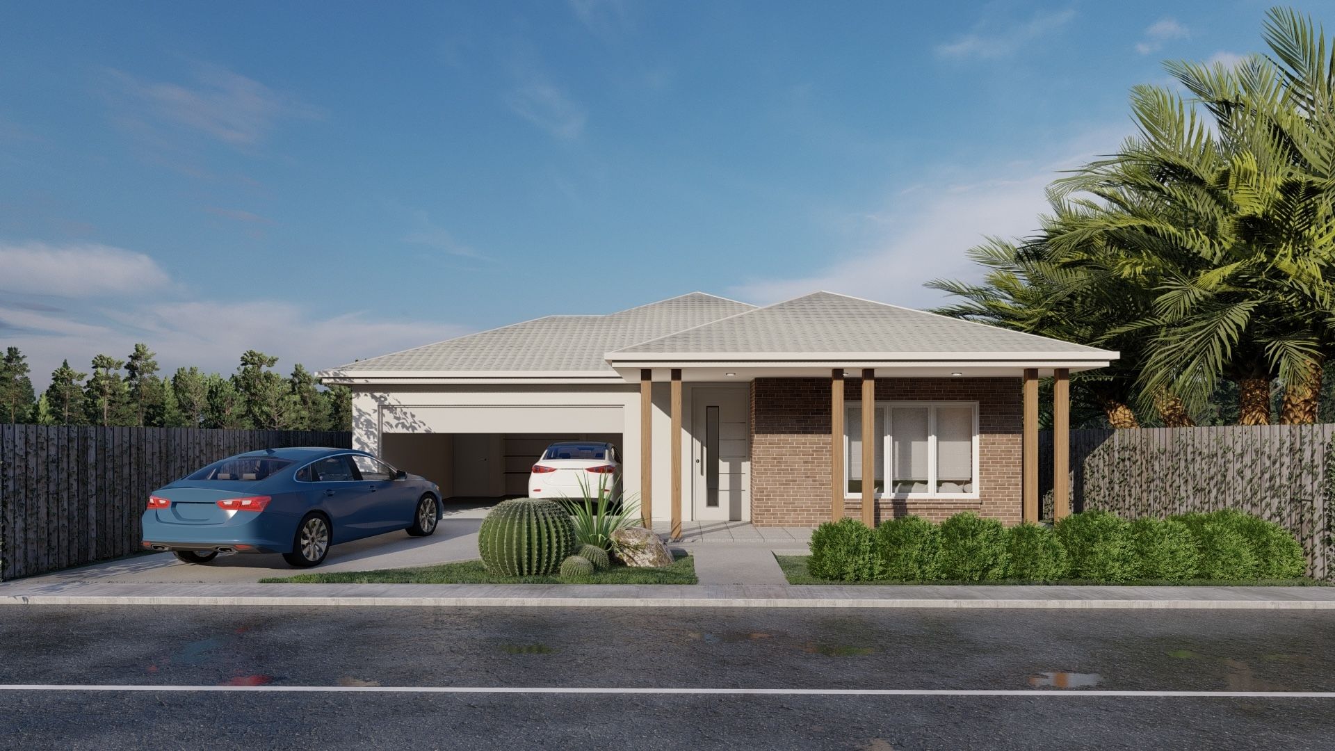 A car is parked in front of a house with a garage.