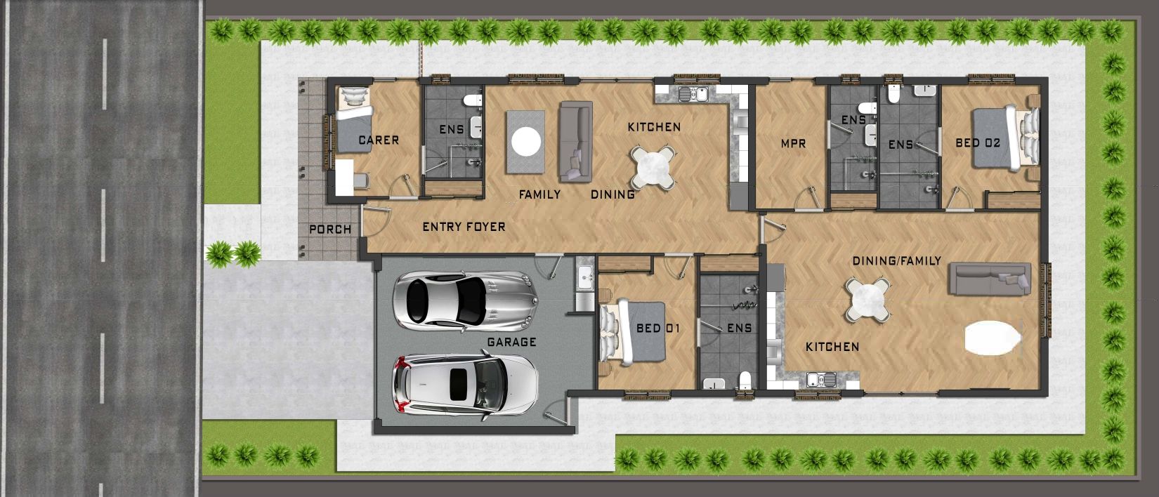 A floor plan of a house with two cars parked in front of it