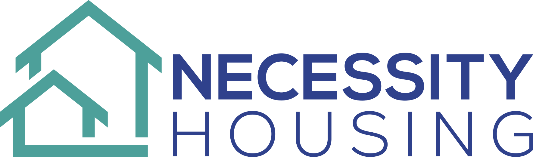 A logo for necessity housing with a house on it.