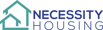 A logo for necessity housing with a house on it.