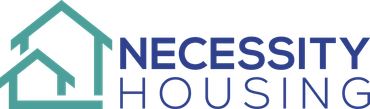 A logo for necessity housing with a house on it.