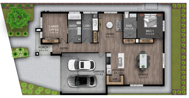 A floor plan of a house with a car in the garage