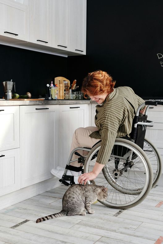 A woman in a wheelchair is petting a cat in a kitchen.