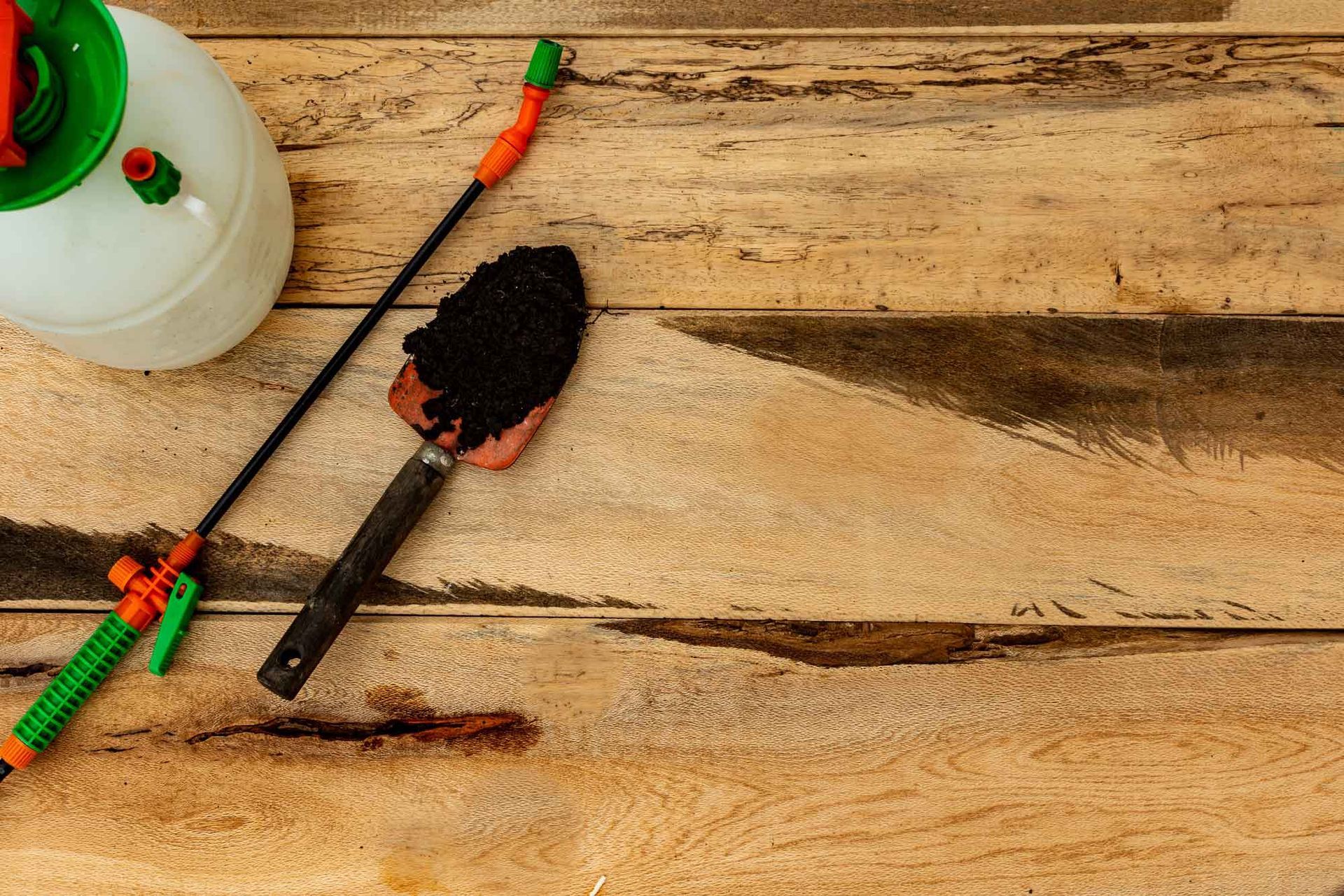 Garden tools on wooden surface with a trowel holding soil and a spray bottle nearby. Garden tools on wooden surface with a trowel holding soil and a spray bottle nearby.