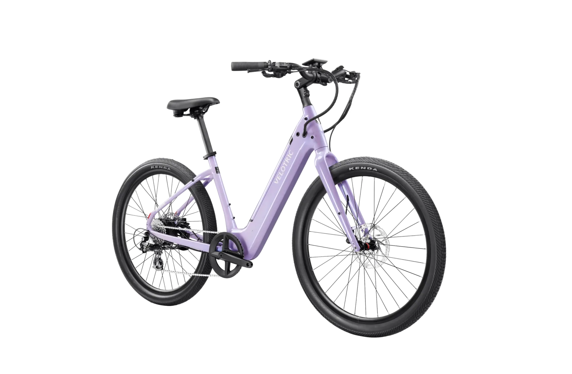 A purple electric bike is on a white background.